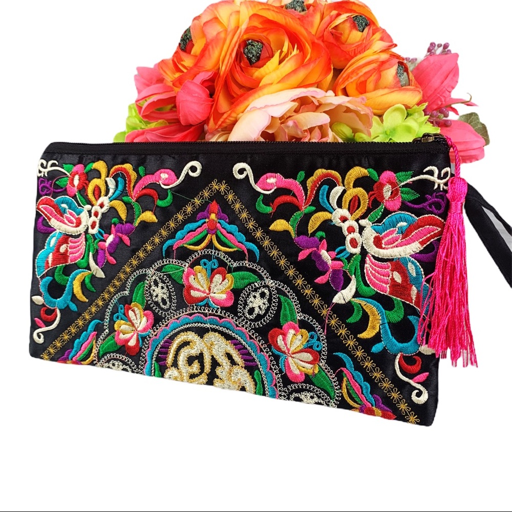 Colorful Floral Embroidered Pink Tassel Wristlet - Picture 12 of 15